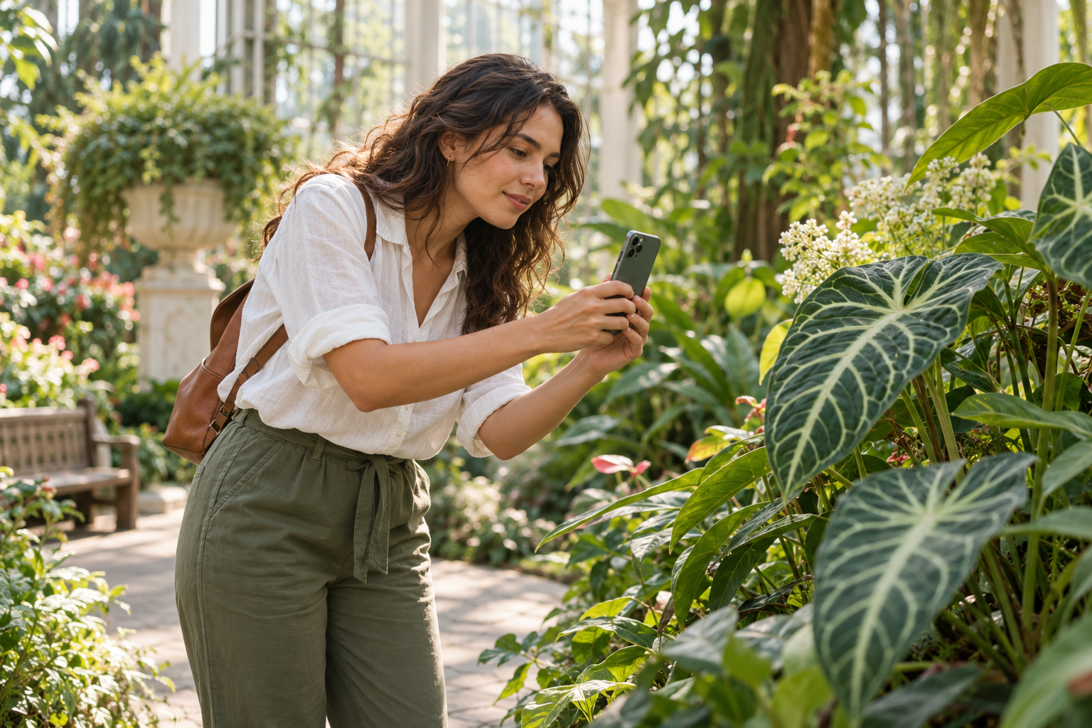 Woman exploring a plant with her phone