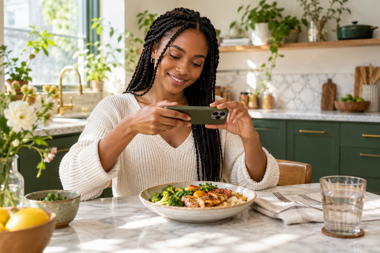 Woman showing a meal to her phone