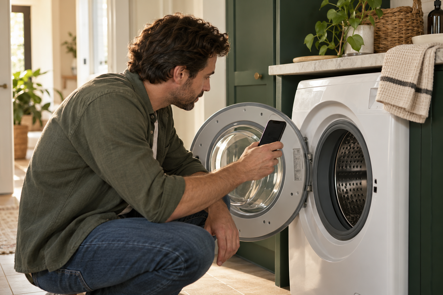Man checking a washing machine label with his phone