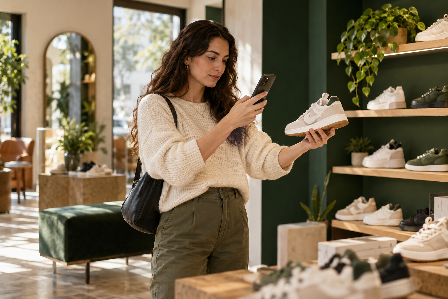 Shopper comparing a sneaker with her phone