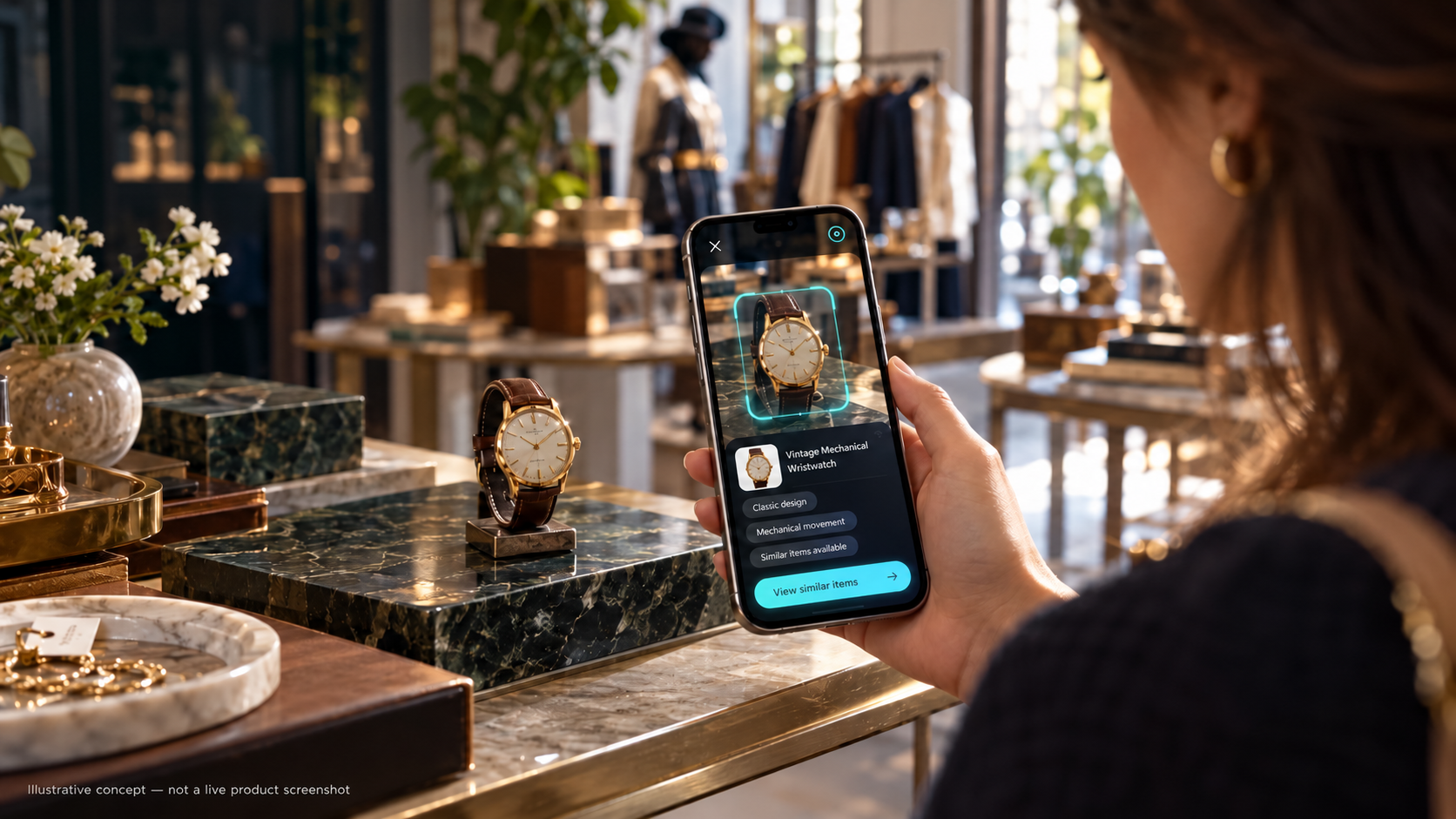 Illustrative scene of a shopper showing a watch to Neeklee on her phone