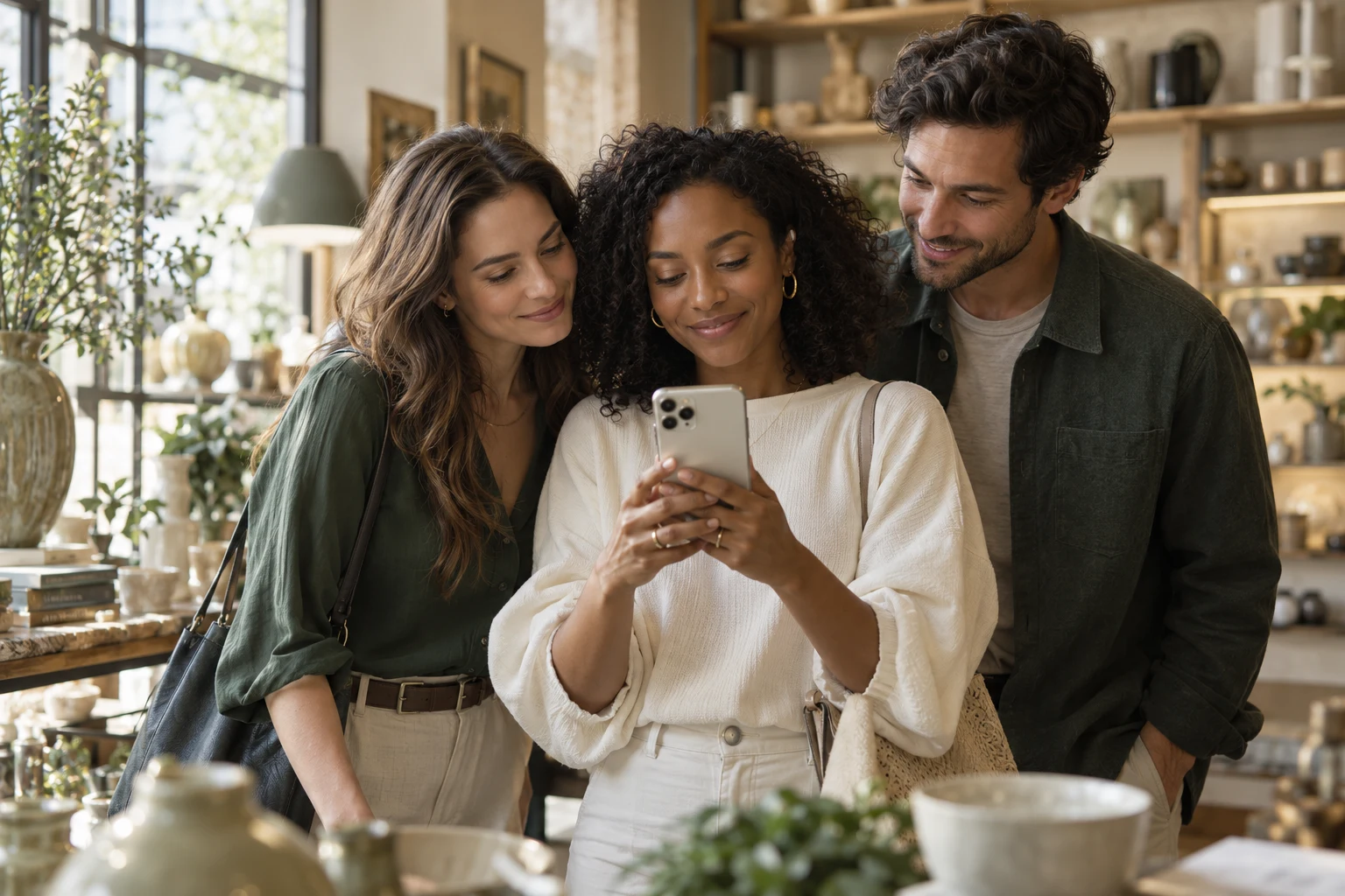 Illustrative scene of friends exploring something on a phone